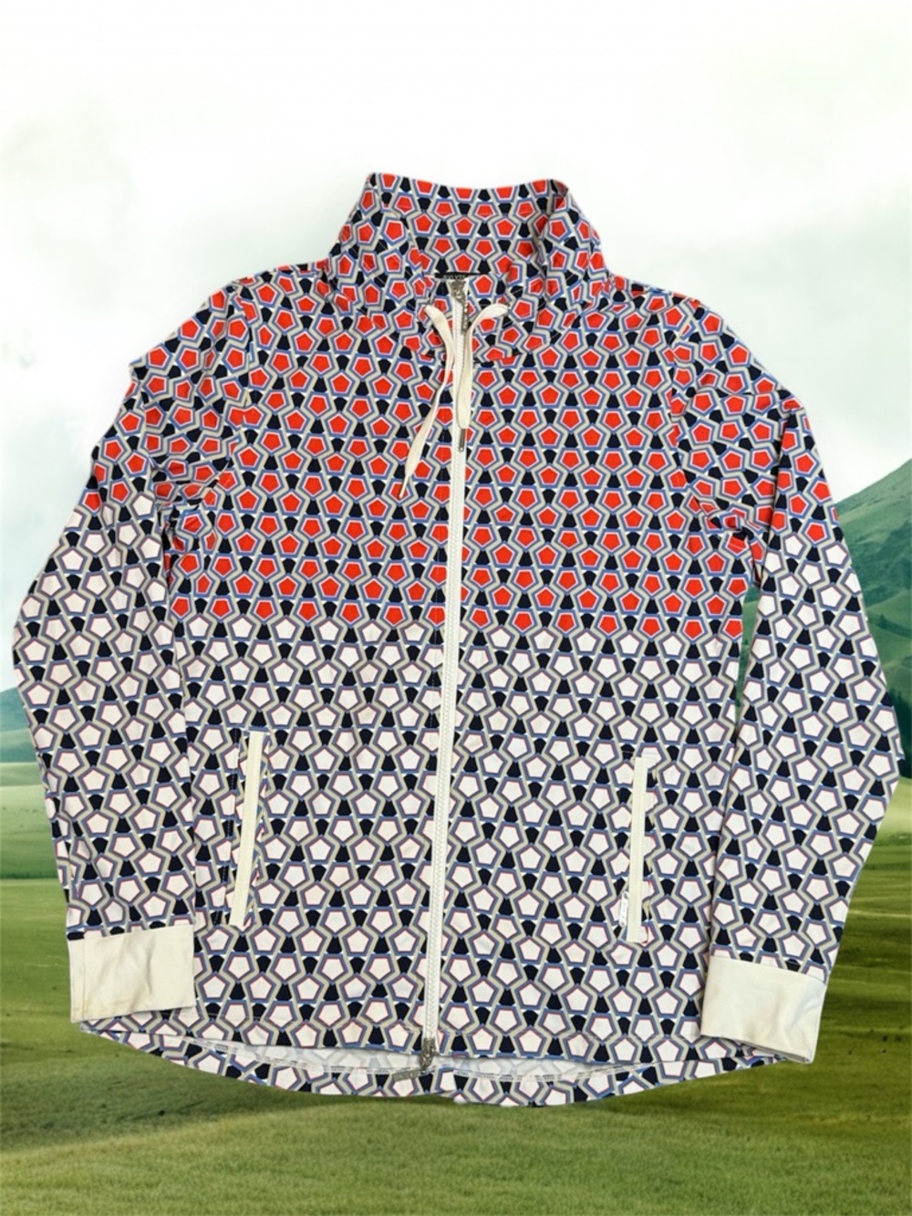 Bylyse Women's Patterned Zip-Front Jacket in Red, Navy & White sz M Activewear